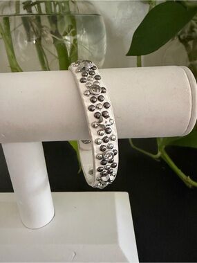 Vintage White Leather & Silver Star & Rhinestone Studs Bracelet